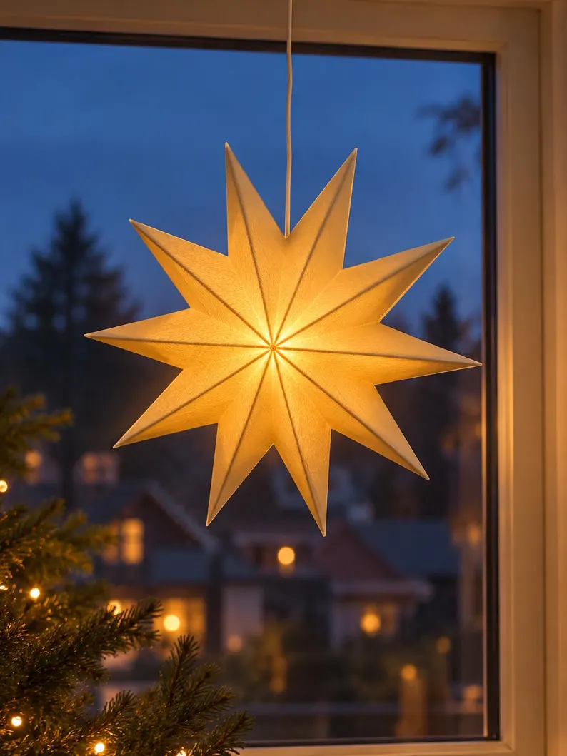 STARMY Weihnachtsstern von Druckverzückt in Cremeweiß, warm beleuchtet am Fenster