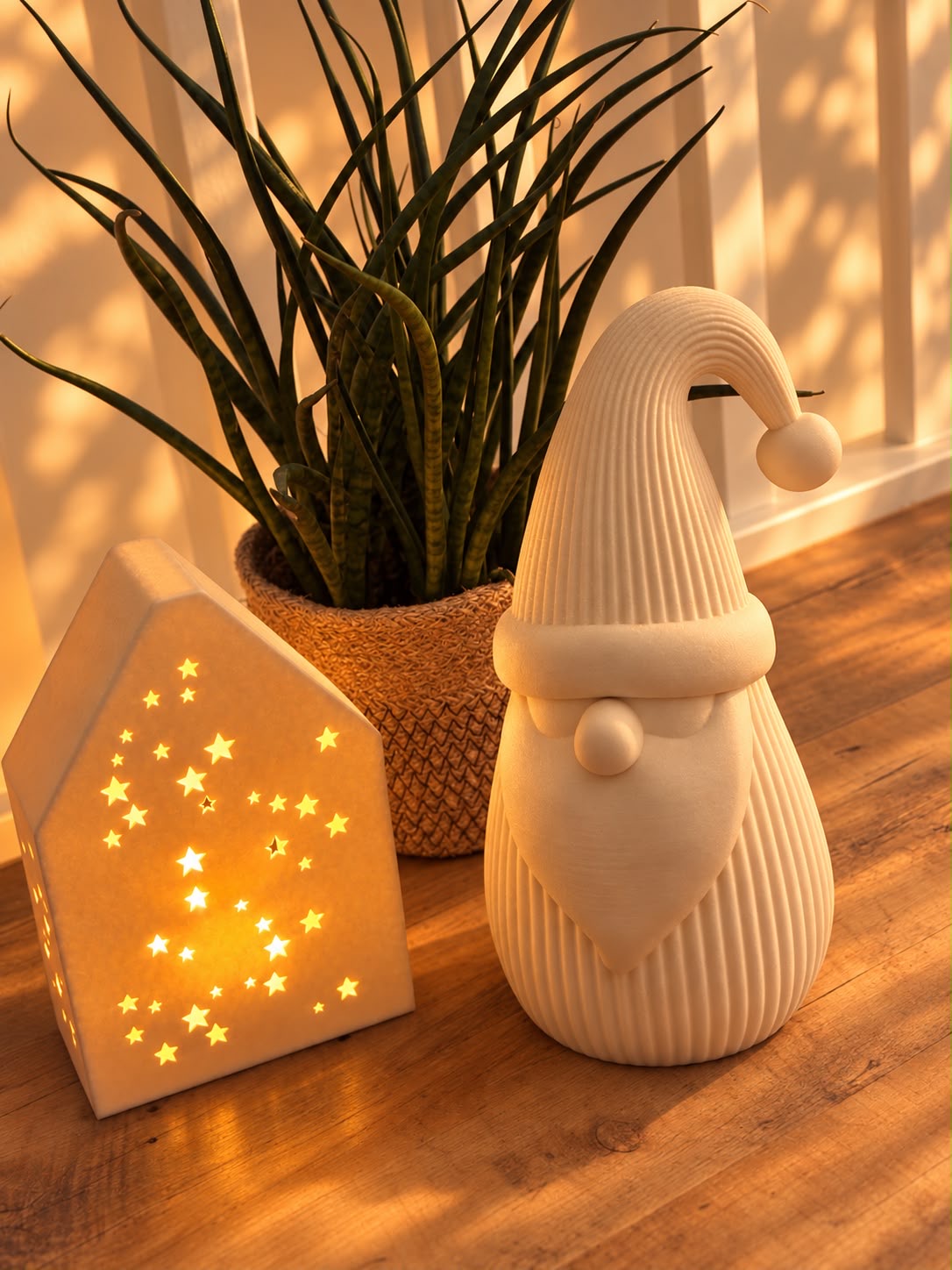 Leuchtendes Sternenhaus neben einem weißen Deko-Weihnachtsmann